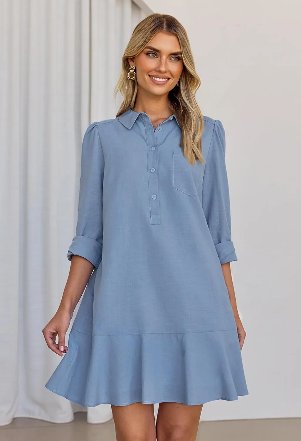 MEROKEETY Women's Casual Shirt Dress Long Sleeve Button Down Ruffle Flowy Tunic Shift Mini Dresses