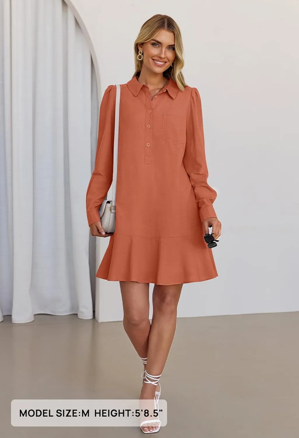 MEROKEETY Women's Casual Shirt Dress Long Sleeve Button Down Ruffle Flowy Tunic Shift Mini Dresses