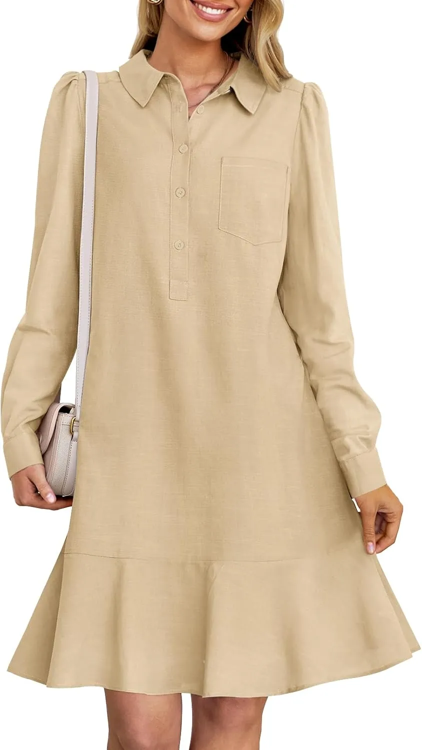 MEROKEETY Women's Casual Shirt Dress Long Sleeve Button Down Ruffle Flowy Tunic Shift Mini Dresses