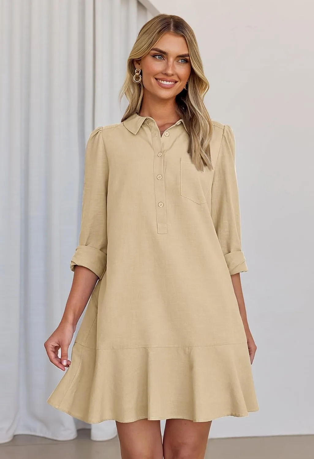 MEROKEETY Women's Casual Shirt Dress Long Sleeve Button Down Ruffle Flowy Tunic Shift Mini Dresses