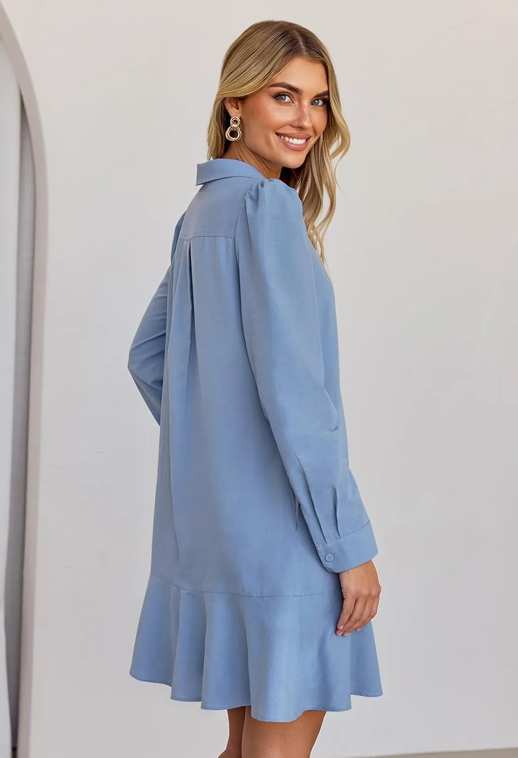 MEROKEETY Women's Casual Shirt Dress Long Sleeve Button Down Ruffle Flowy Tunic Shift Mini Dresses