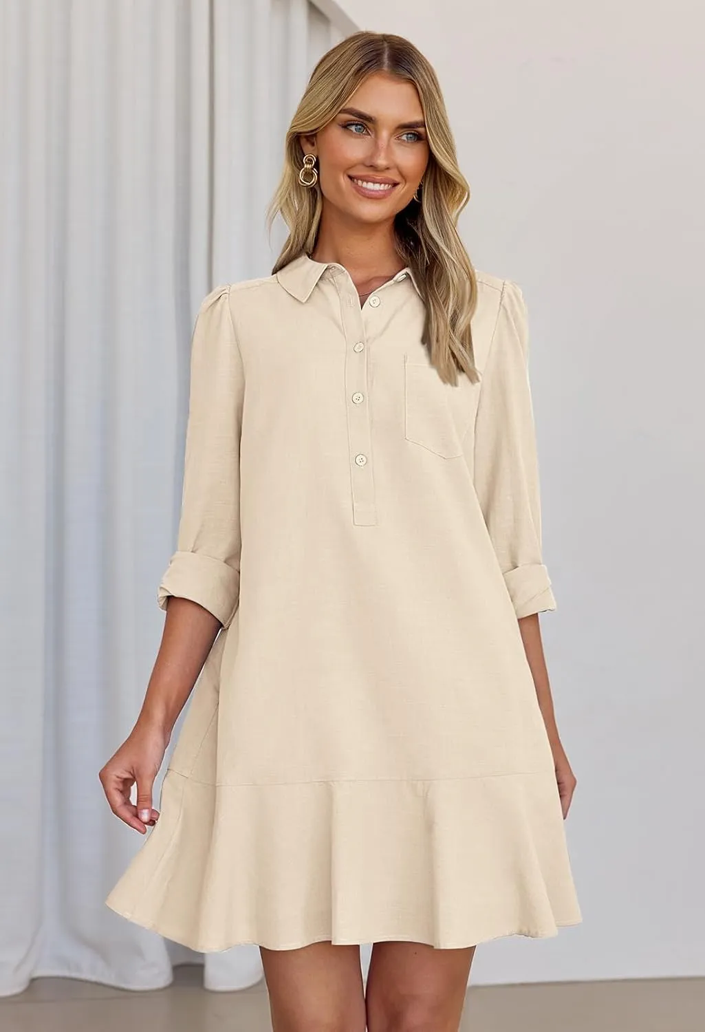 MEROKEETY Women's Casual Shirt Dress Long Sleeve Button Down Ruffle Flowy Tunic Shift Mini Dresses