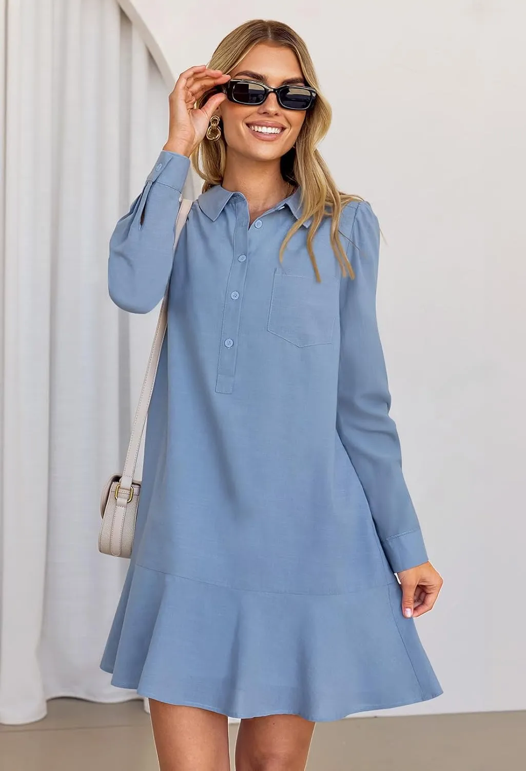 MEROKEETY Women's Casual Shirt Dress Long Sleeve Button Down Ruffle Flowy Tunic Shift Mini Dresses