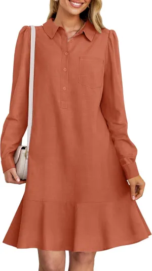 MEROKEETY Women's Casual Shirt Dress Long Sleeve Button Down Ruffle Flowy Tunic Shift Mini Dresses