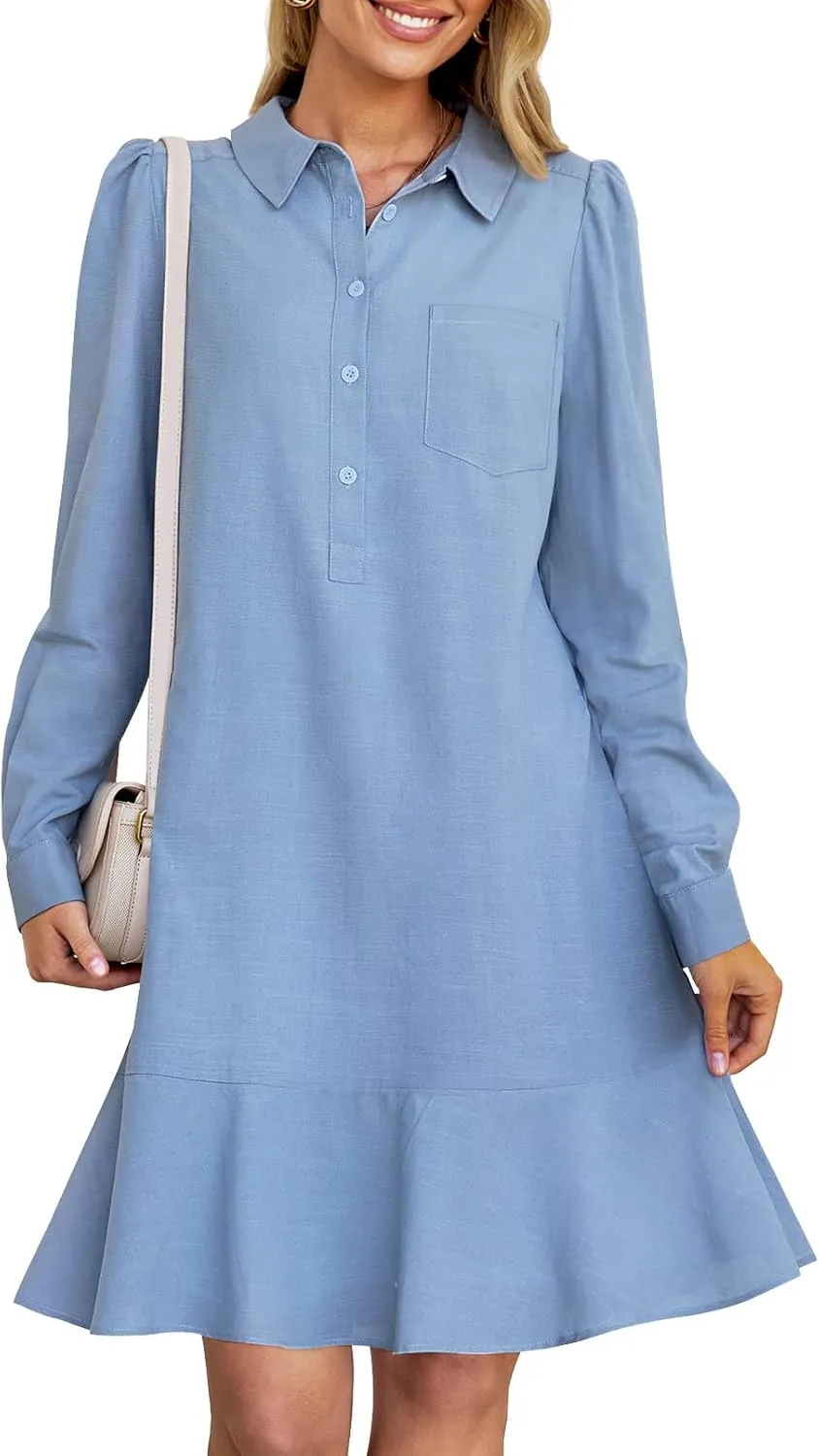 MEROKEETY Women's Casual Shirt Dress Long Sleeve Button Down Ruffle Flowy Tunic Shift Mini Dresses