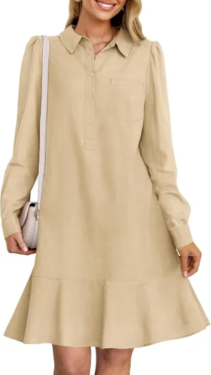 MEROKEETY Women's Casual Shirt Dress Long Sleeve Button Down Ruffle Flowy Tunic Shift Mini Dresses