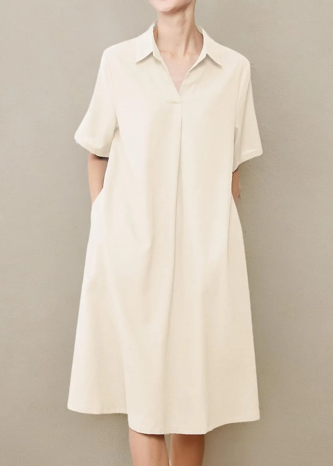 Minibee Women's Linen Shirt Dress Plus Size V Neck Short Sleeve Casual Summer Swing Midi Dresses