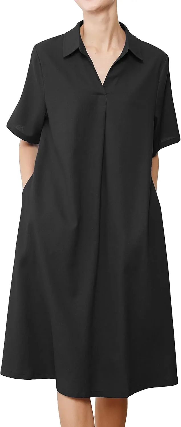 Minibee Women's Linen Shirt Dress Plus Size V Neck Short Sleeve Casual Summer Swing Midi Dresses