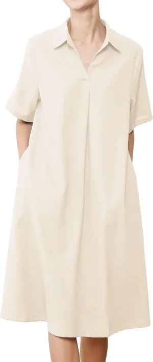 Minibee Women's Linen Shirt Dress Plus Size V Neck Short Sleeve Casual Summer Swing Midi Dresses