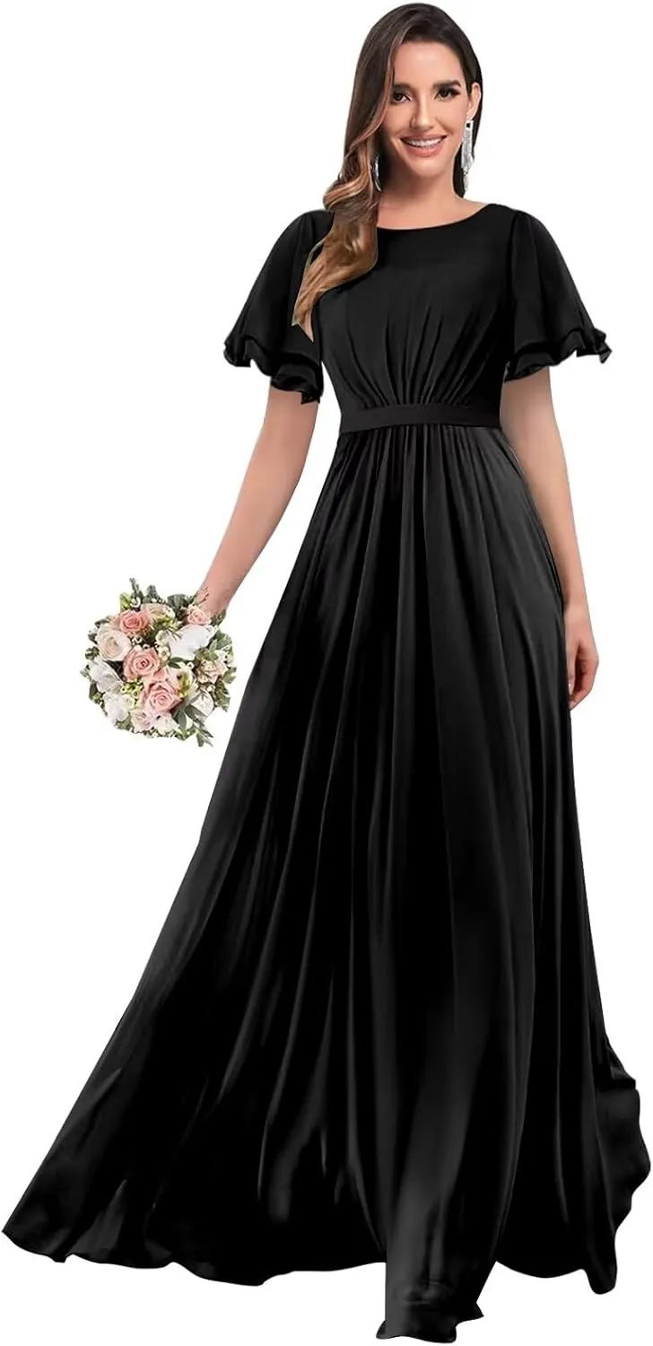 Modest Chiffon Bridesmaid Dresses for Women with Sleeves Long Formal Evening Gowns
