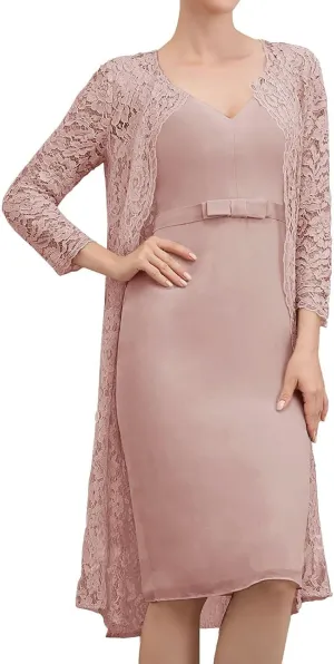 Mother of The Bride Dresses with Jacket Lace Chiffon Wedding Guest Dresses for Women Short Evening Dress