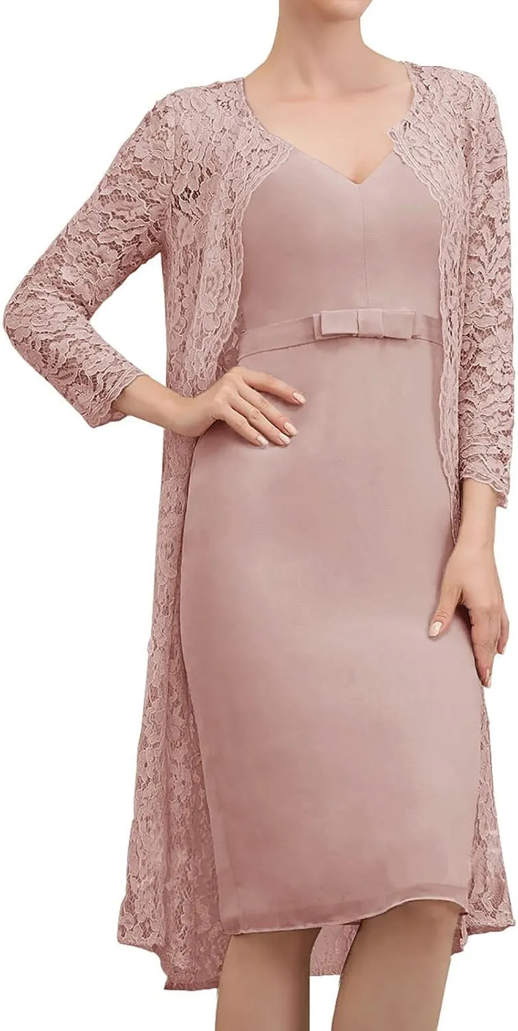Mother of The Bride Dresses with Jacket Lace Chiffon Wedding Guest Dresses for Women Short Evening Dress