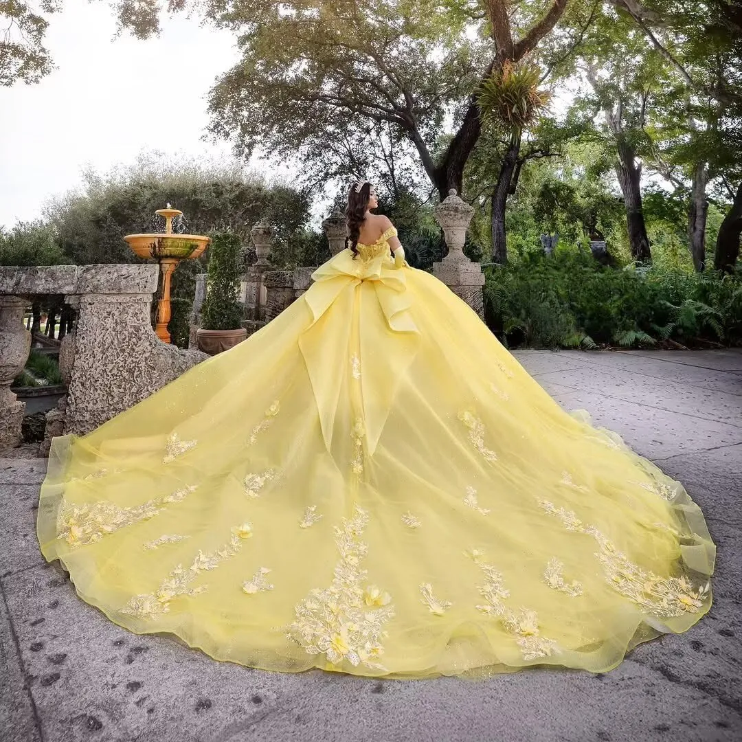 Mouccy Princess Lace Quinceanera Dresses with Bow 3D Floral Beaded 15 Dresses Puffy Off Shoulder Tulle Ball Gowns with Train