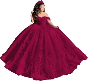 Mouccy Princess Lace Quinceanera Dresses with Bow 3D Floral Beaded 15 Dresses Puffy Off Shoulder Tulle Ball Gowns with Train