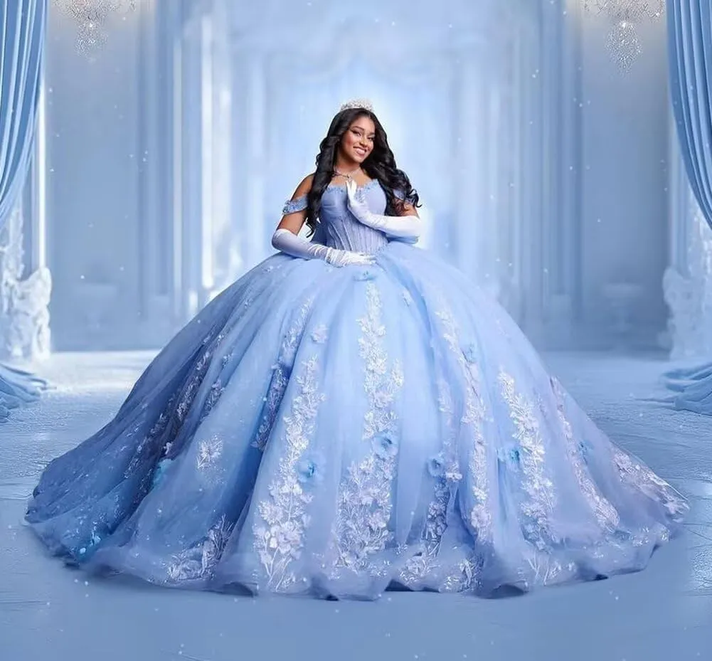 Mouccy Princess Lace Quinceanera Dresses with Bow 3D Floral Beaded 15 Dresses Puffy Off Shoulder Tulle Ball Gowns with Train