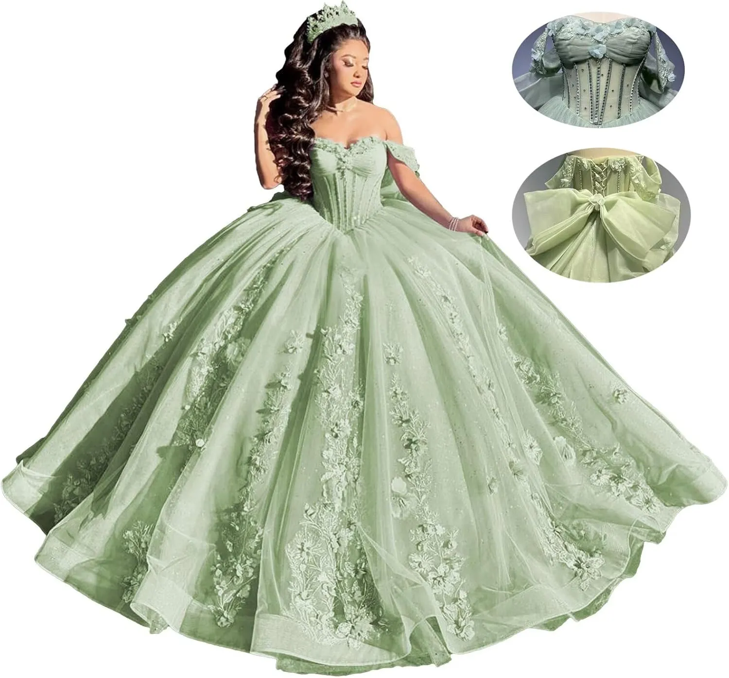 Mouccy Princess Lace Quinceanera Dresses with Bow 3D Floral Beaded 15 Dresses Puffy Off Shoulder Tulle Ball Gowns with Train