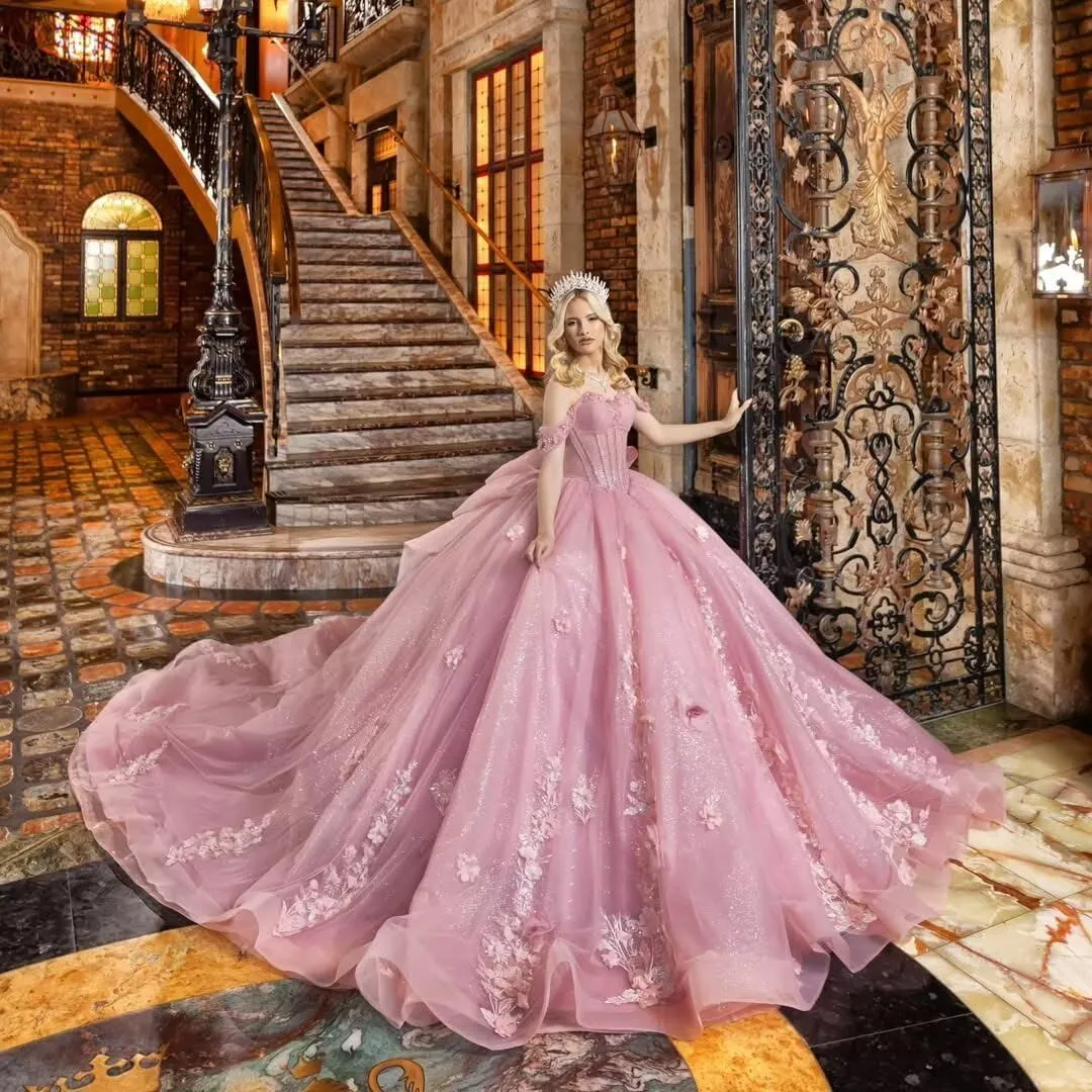 Mouccy Princess Lace Quinceanera Dresses with Bow 3D Floral Beaded 15 Dresses Puffy Off Shoulder Tulle Ball Gowns with Train
