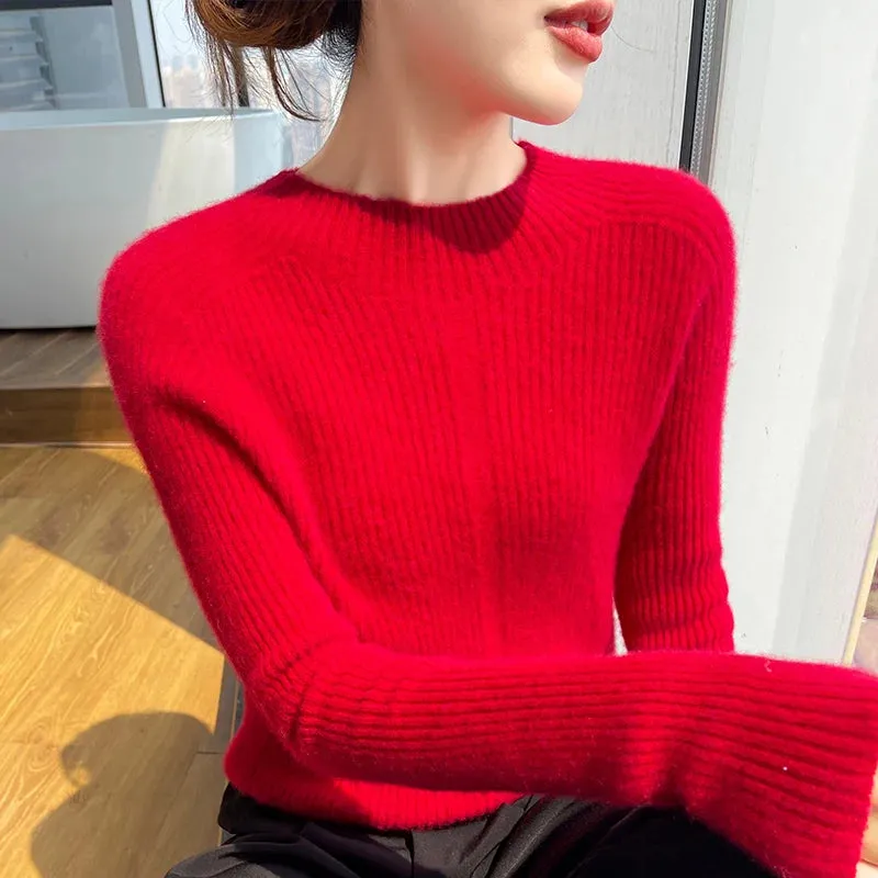 New Women's Autumn Winter Merino Wool Semi-High Collar Solid Color Slim Cashmere Sweater