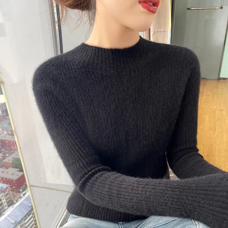 New Women's Autumn Winter Merino Wool Semi-High Collar Solid Color Slim Cashmere Sweater