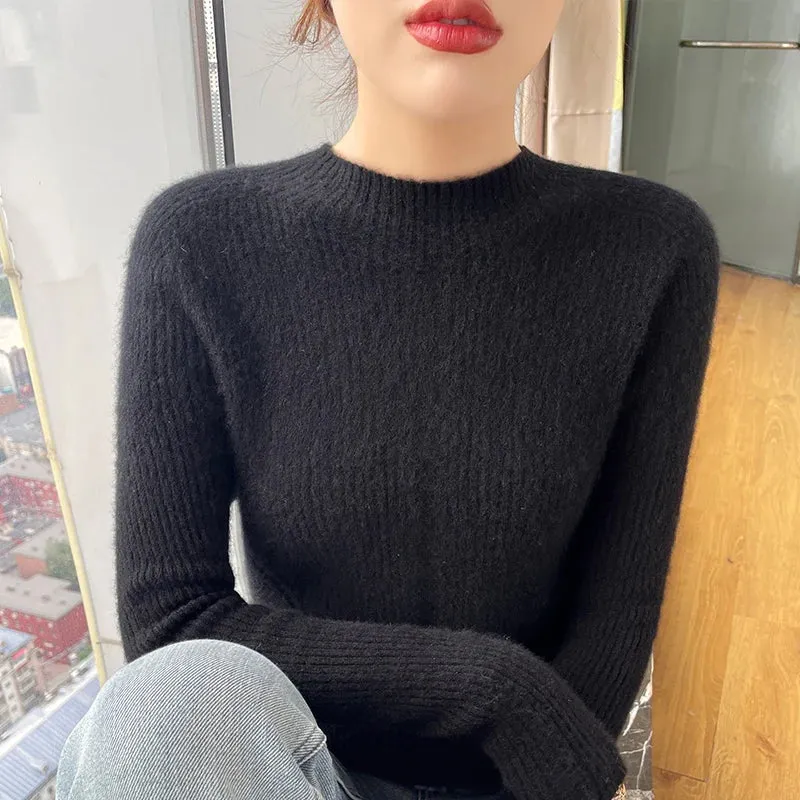 New Women's Autumn Winter Merino Wool Semi-High Collar Solid Color Slim Cashmere Sweater