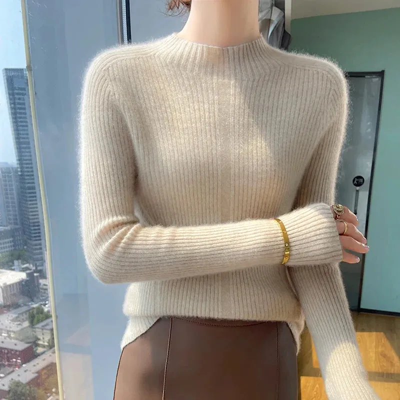 New Women's Autumn Winter Merino Wool Semi-High Collar Solid Color Slim Cashmere Sweater