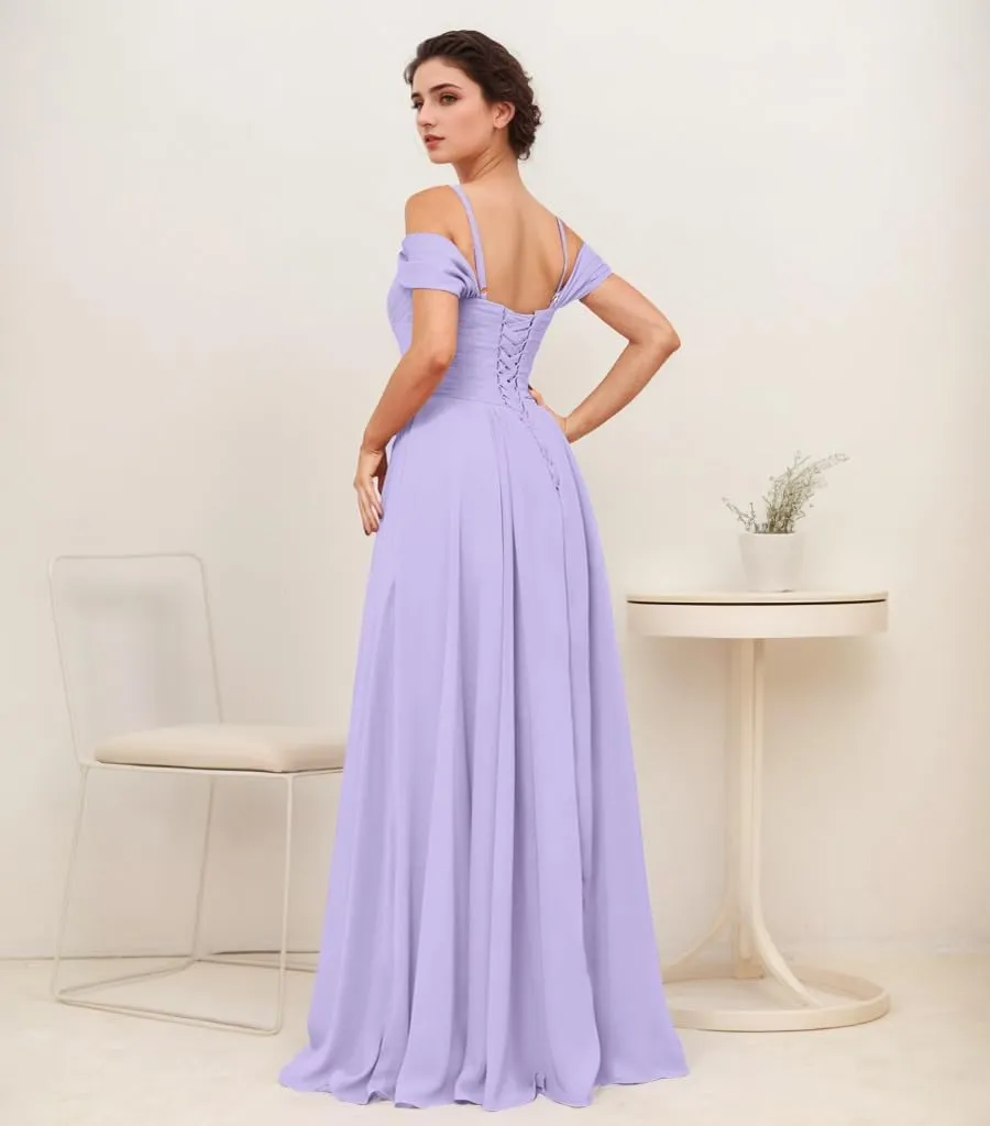 Off Shoulder Bridesmaid Dresses V Neck Spaghetti Strap Ruched A Line Formal Prom Dress with Slit P018