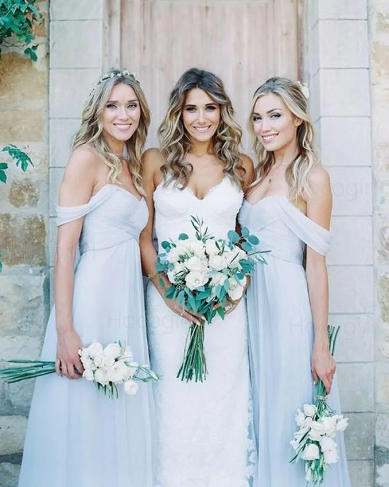 Off Shoulder Bridesmaid Dresses V Neck Spaghetti Strap Ruched A Line Formal Prom Dress with Slit P018
