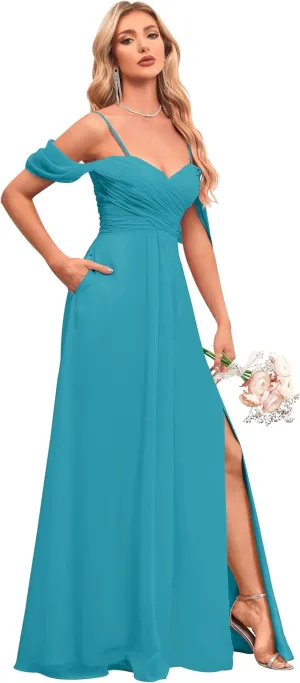 Off Shoulder Bridesmaid Dresses V Neck Spaghetti Strap Ruched A Line Formal Prom Dress with Slit P018