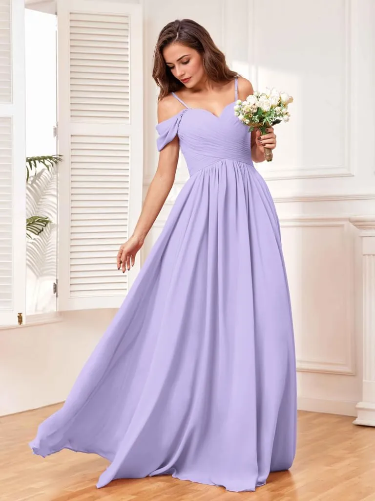Off Shoulder Bridesmaid Dresses V Neck Spaghetti Strap Ruched A Line Formal Prom Dress with Slit P018