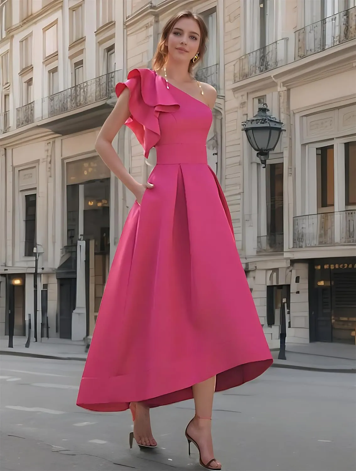 One Shoulder Bow High Low Satin Prom Dresses A Line Modest Sleeveless Ankle Length Long Formal Evening Ball Gown