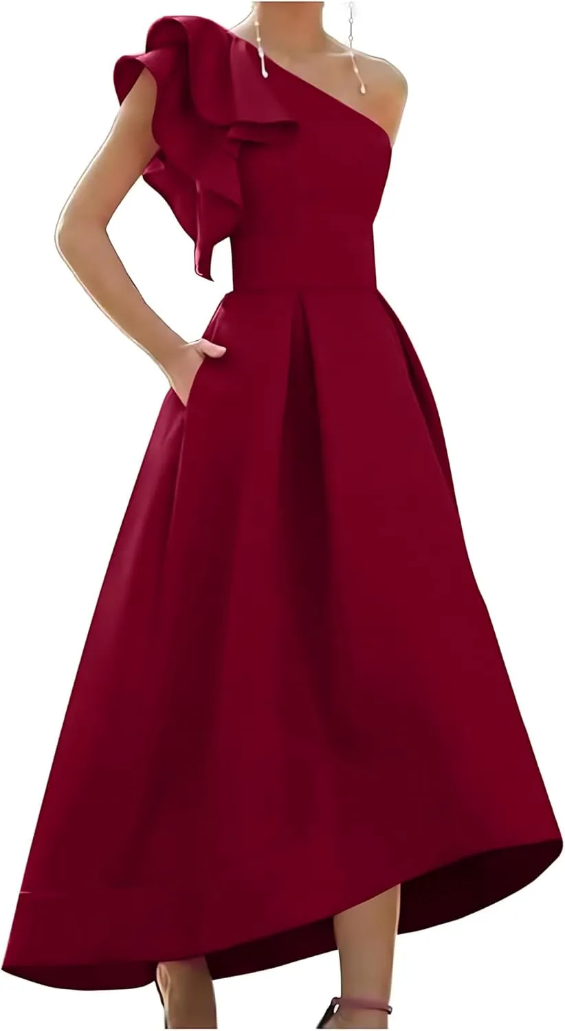 One Shoulder Bow High Low Satin Prom Dresses A Line Modest Sleeveless Ankle Length Long Formal Evening Ball Gown