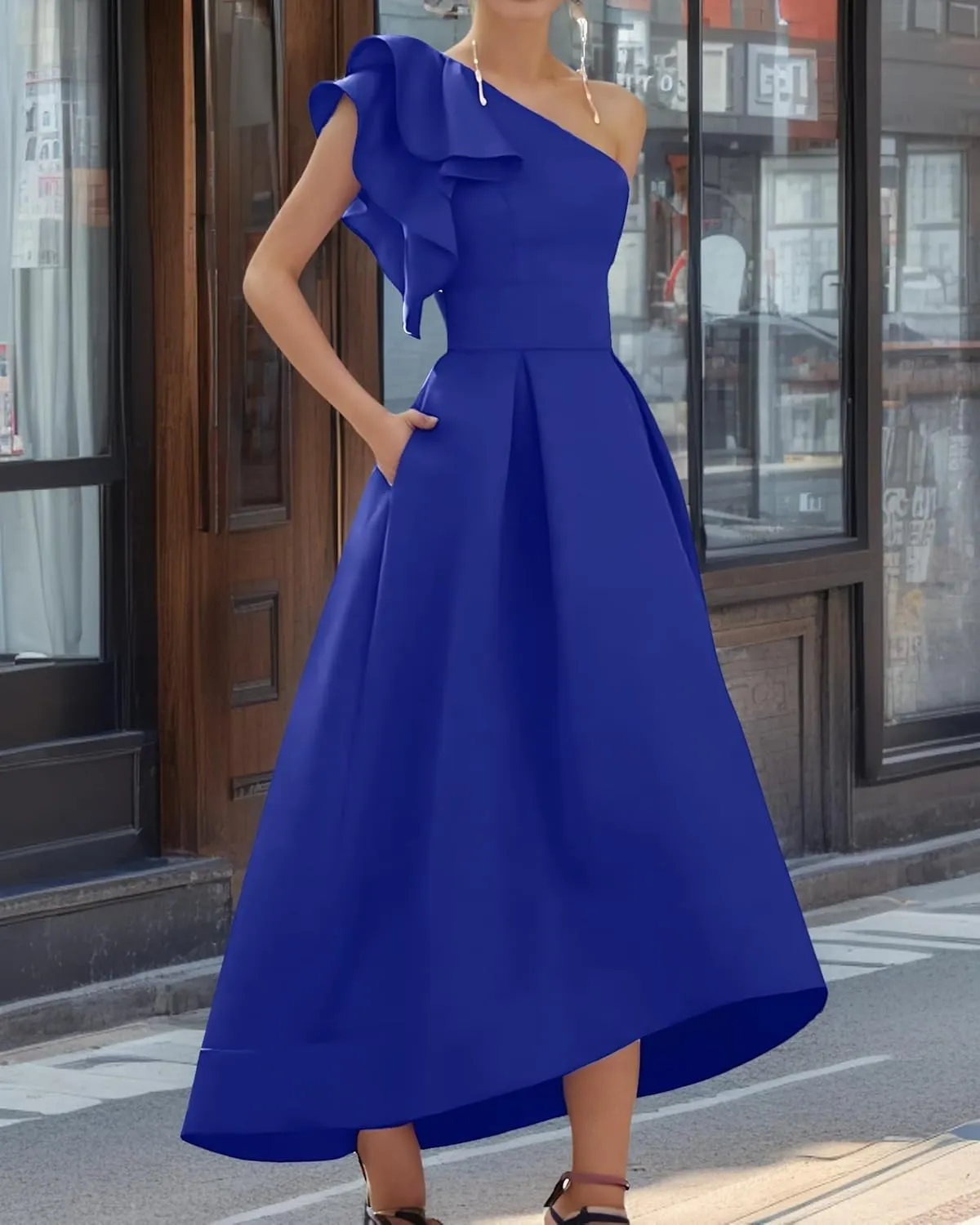 One Shoulder Bow High Low Satin Prom Dresses A Line Modest Sleeveless Ankle Length Long Formal Evening Ball Gown