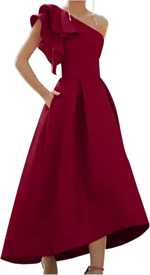 One Shoulder Bow High Low Satin Prom Dresses A Line Modest Sleeveless Ankle Length Long Formal Evening Ball Gown
