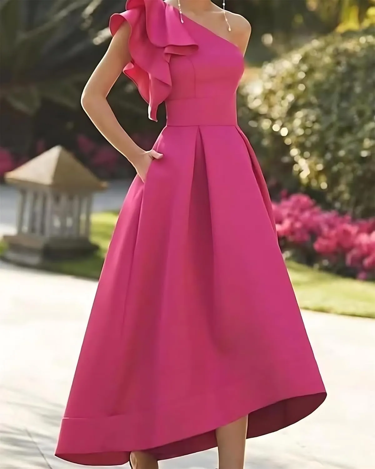 One Shoulder Bow High Low Satin Prom Dresses A Line Modest Sleeveless Ankle Length Long Formal Evening Ball Gown