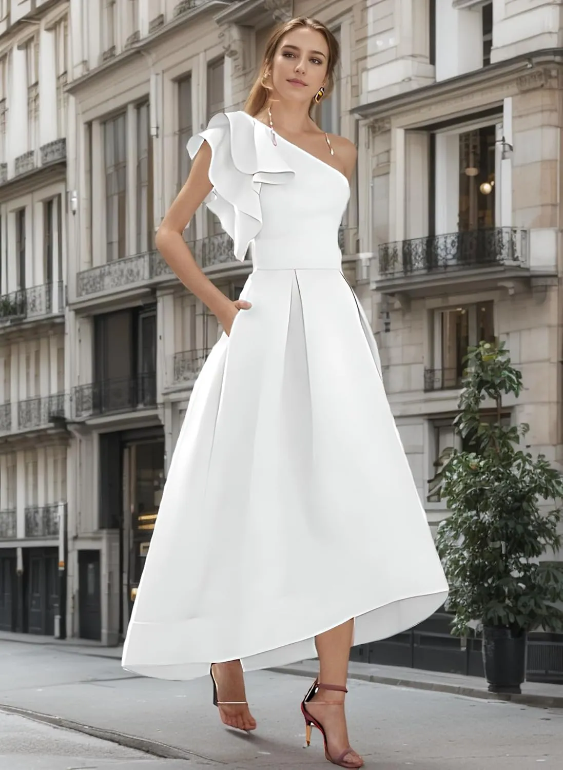 One Shoulder Bow High Low Satin Prom Dresses A Line Modest Sleeveless Ankle Length Long Formal Evening Ball Gown