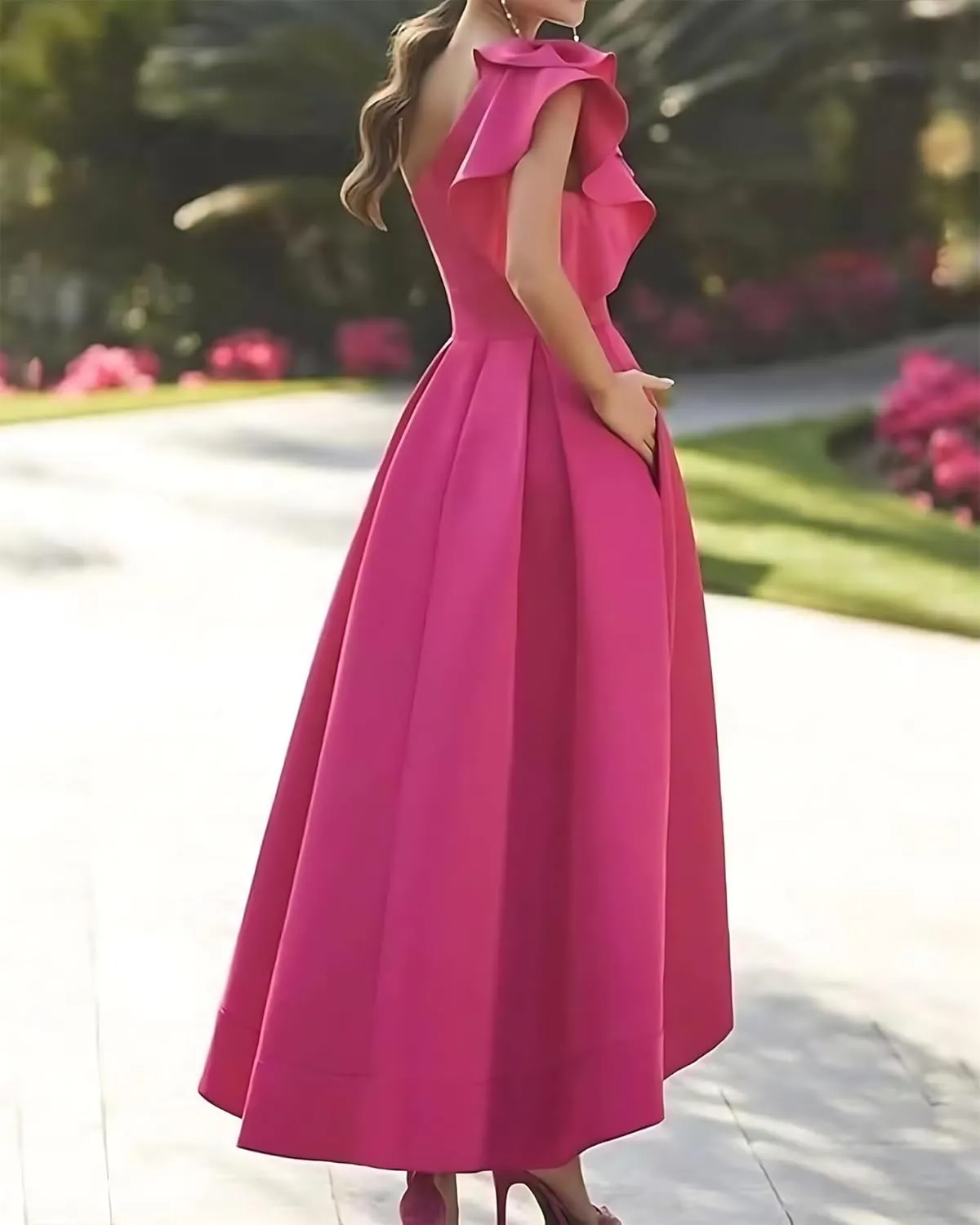 One Shoulder Bow High Low Satin Prom Dresses A Line Modest Sleeveless Ankle Length Long Formal Evening Ball Gown