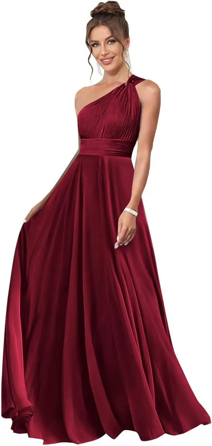 One Shoulder Bridesmaid Dresses for Women Pleated A Line Chiffon Long Evening Dress Formal Gown with Pocket