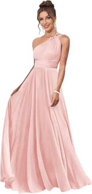 One Shoulder Bridesmaid Dresses for Women Pleated A Line Chiffon Long Evening Dress Formal Gown with Pocket