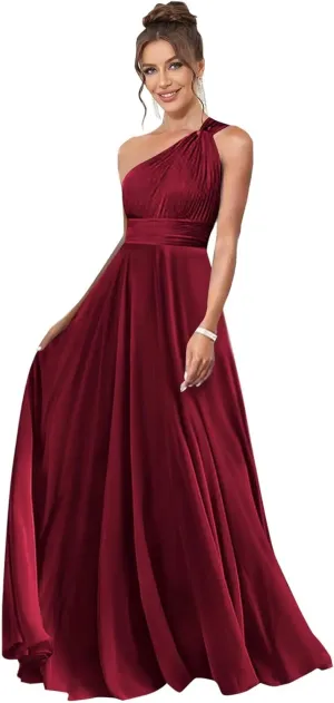 One Shoulder Bridesmaid Dresses for Women Pleated A Line Chiffon Long Evening Dress Formal Gown with Pocket