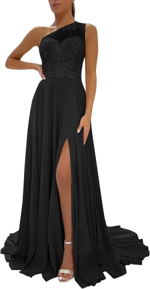 One Shoulder Laces Bridesmaid Dresses for Wedding Long A-Line Chiffon Formal Evening Party Gown with Slit