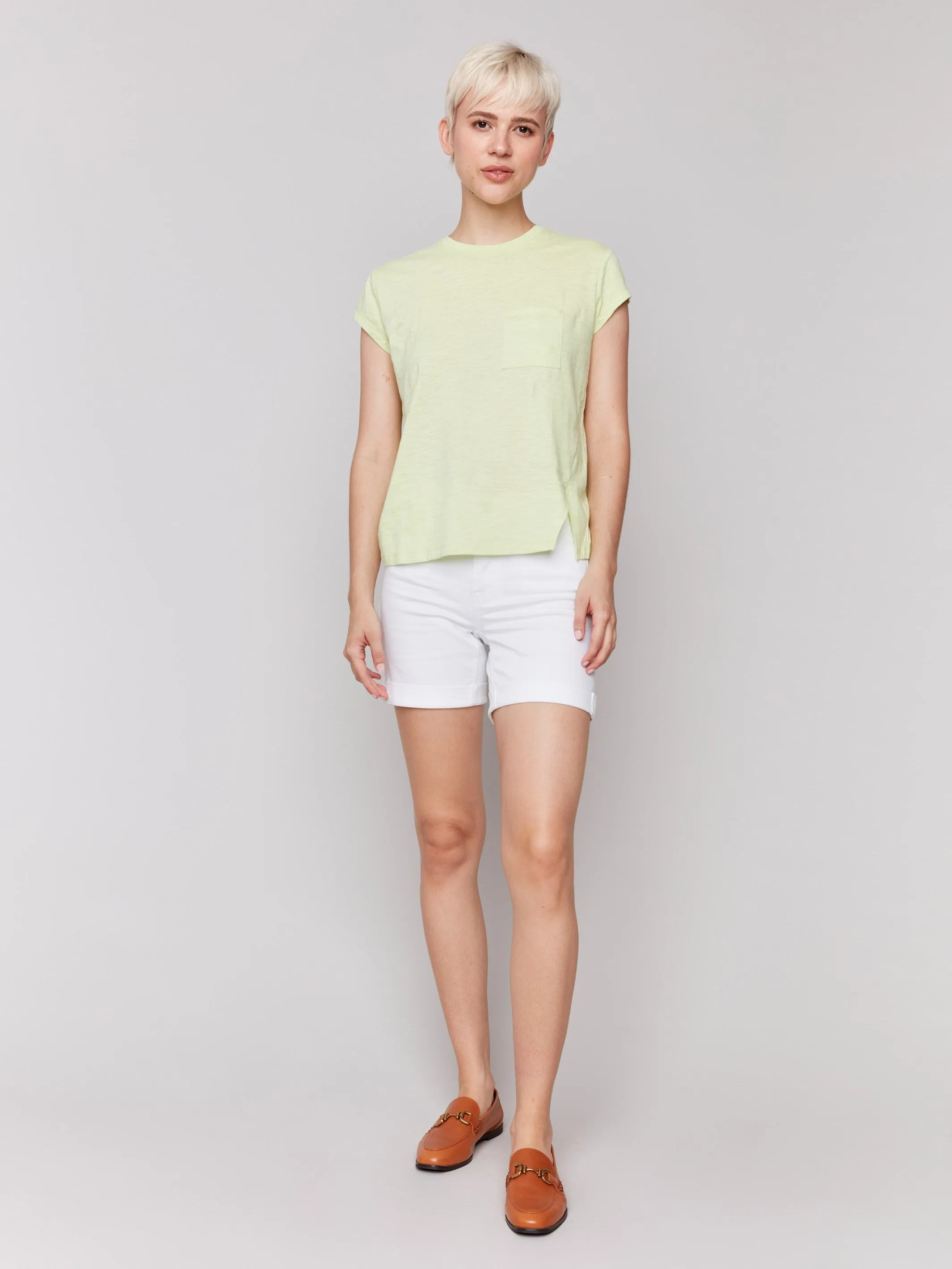 Organic Cotton Cap Sleeve T-Shirt with Slit Detail - Keylime