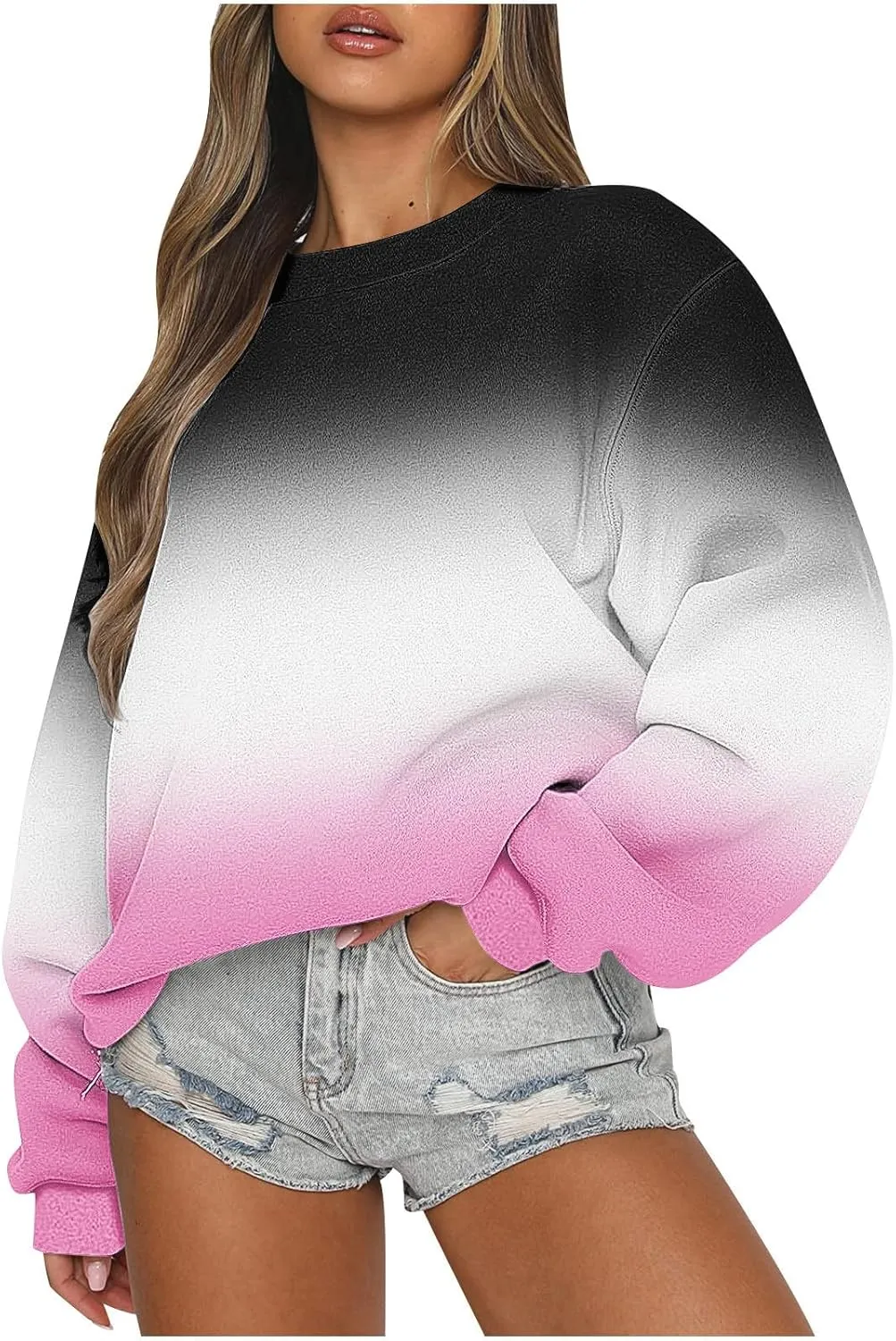 Oversized Long Sleeve Sweatshirts for Women Drop Shoulder Gradient Color Crewneck Pullover Tops Fall Fashion Clothes