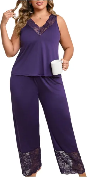 OYOANGLE Women's Plus Size 2 Piece Pajama Sets Lace V Neck Tank Top and Long Pants Loungewear