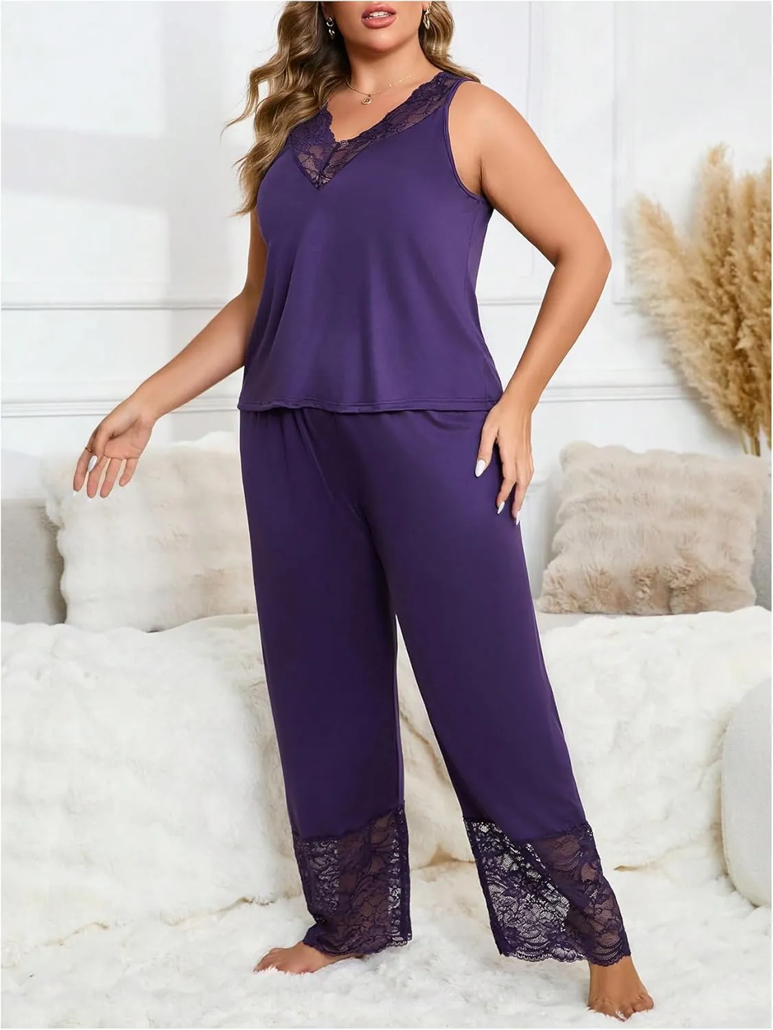 OYOANGLE Women's Plus Size 2 Piece Pajama Sets Lace V Neck Tank Top and Long Pants Loungewear