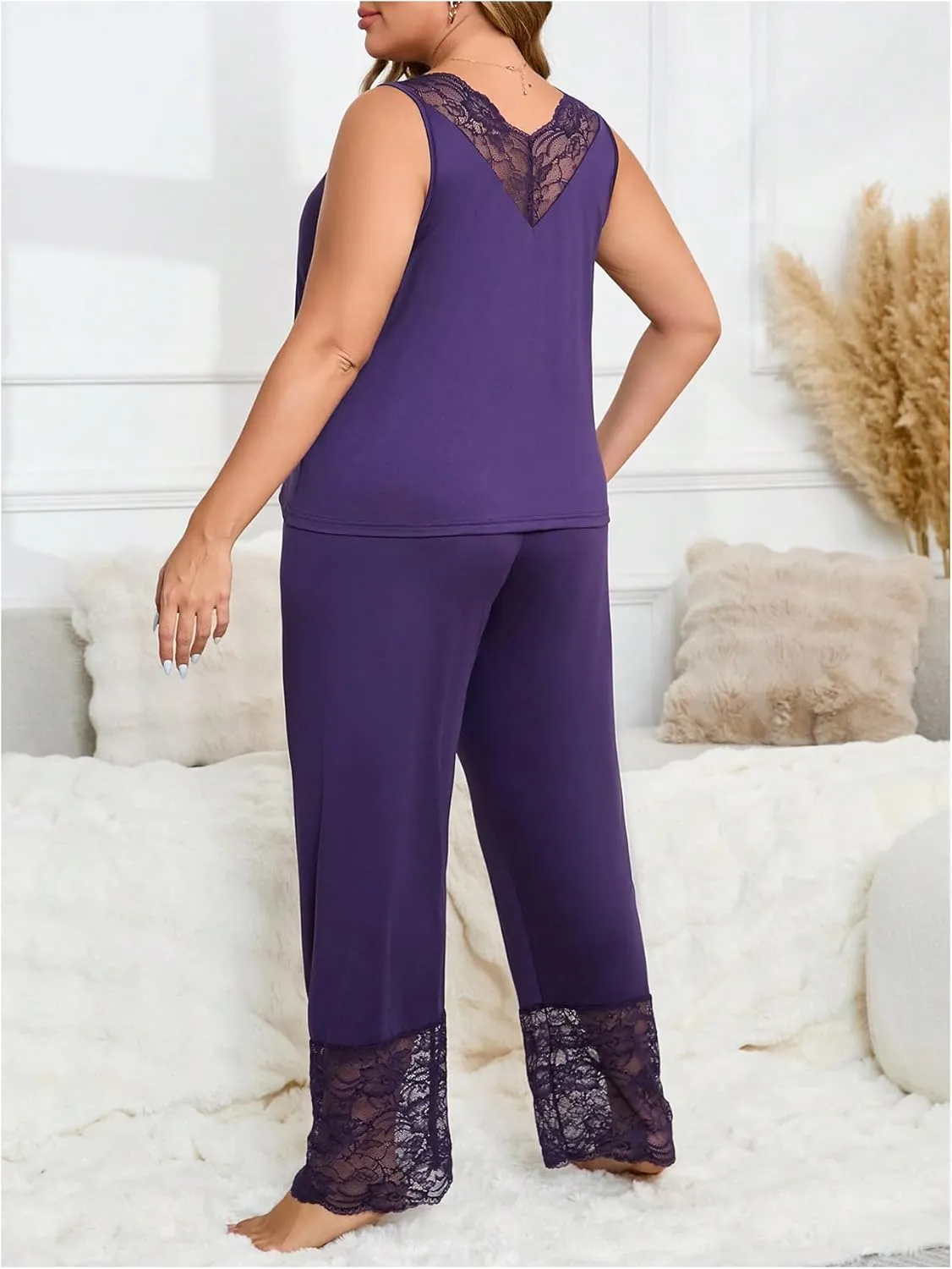OYOANGLE Women's Plus Size 2 Piece Pajama Sets Lace V Neck Tank Top and Long Pants Loungewear