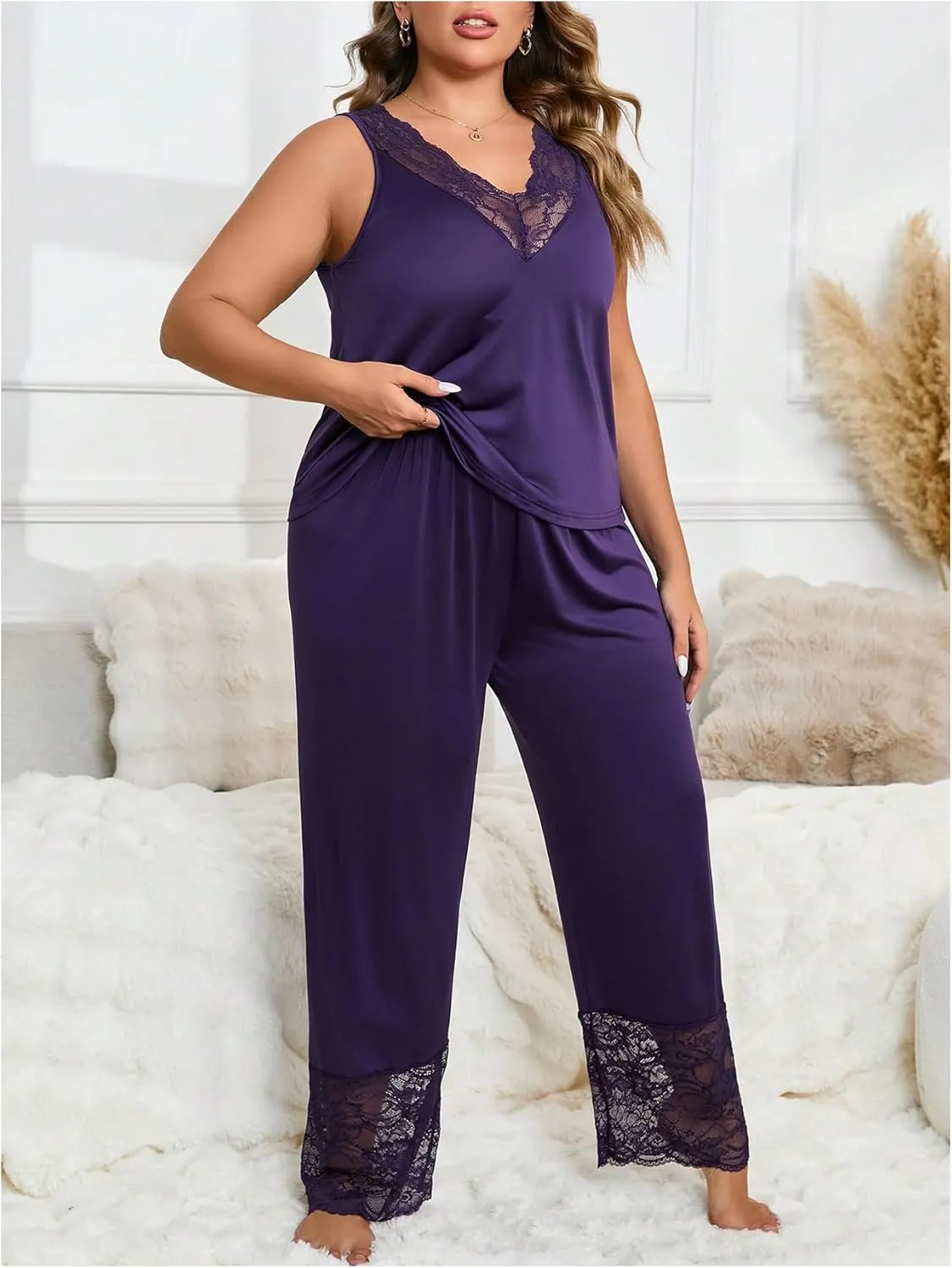 OYOANGLE Women's Plus Size 2 Piece Pajama Sets Lace V Neck Tank Top and Long Pants Loungewear