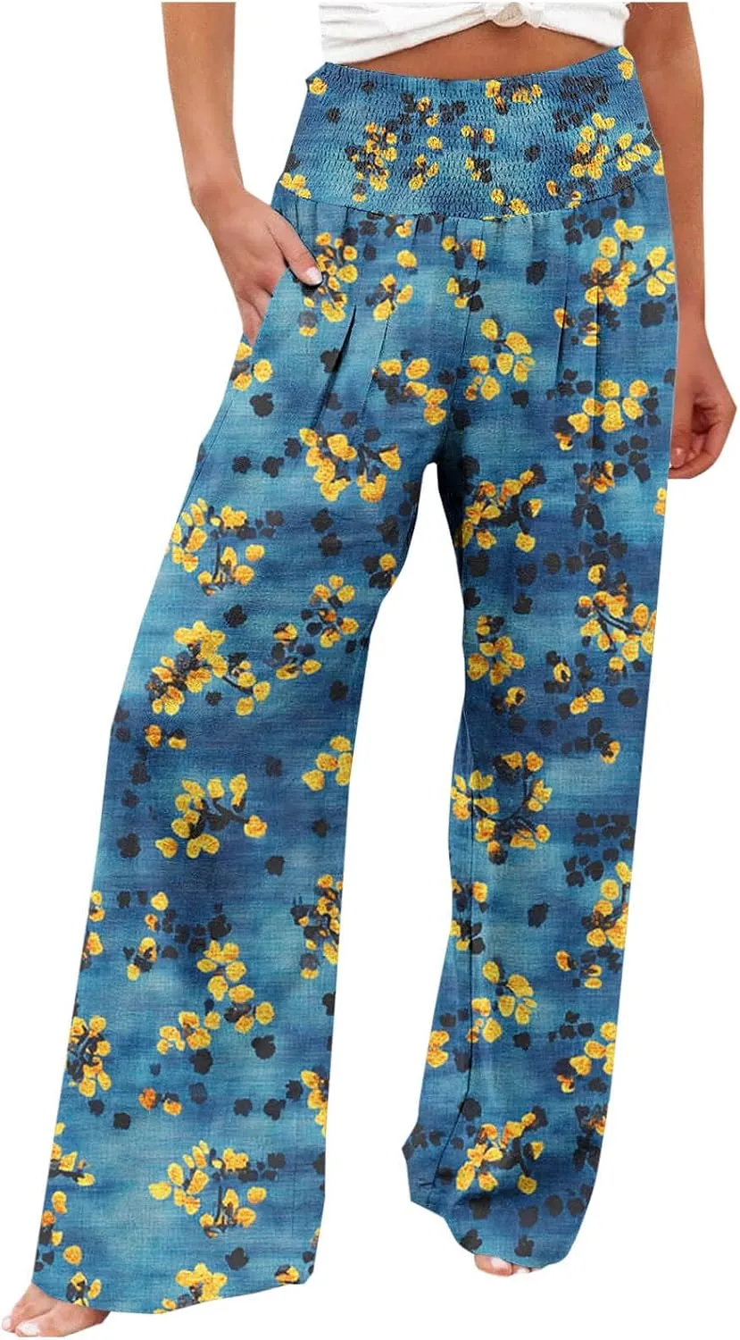 Palazzo Cotton Linen Pants Women Novelty Graphic Elastic High Waist Straight Leg Trousers Summer Casual Beach Pant