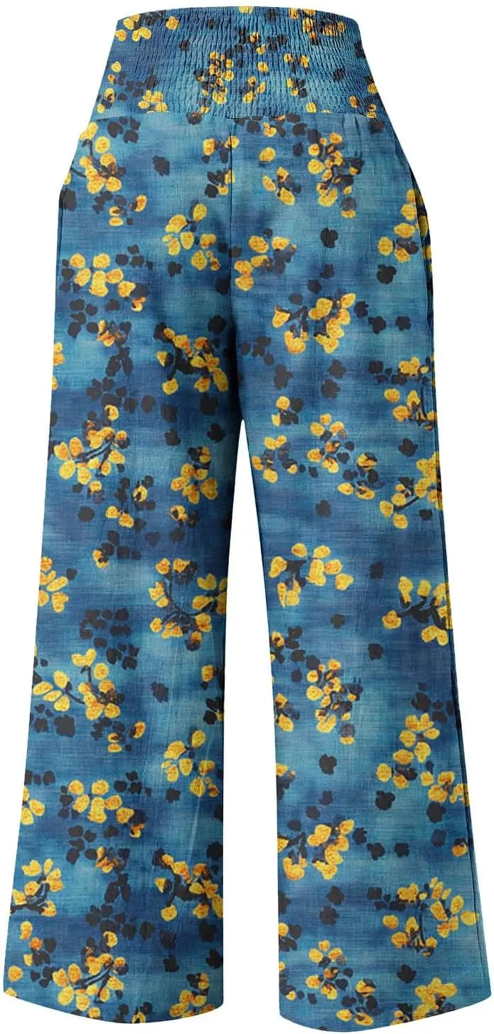 Palazzo Cotton Linen Pants Women Novelty Graphic Elastic High Waist Straight Leg Trousers Summer Casual Beach Pant