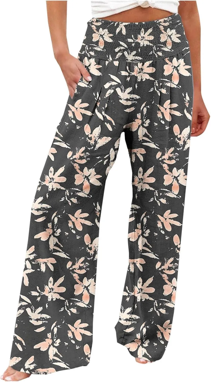Palazzo Cotton Linen Pants Women Novelty Graphic Elastic High Waist Straight Leg Trousers Summer Casual Beach Pant