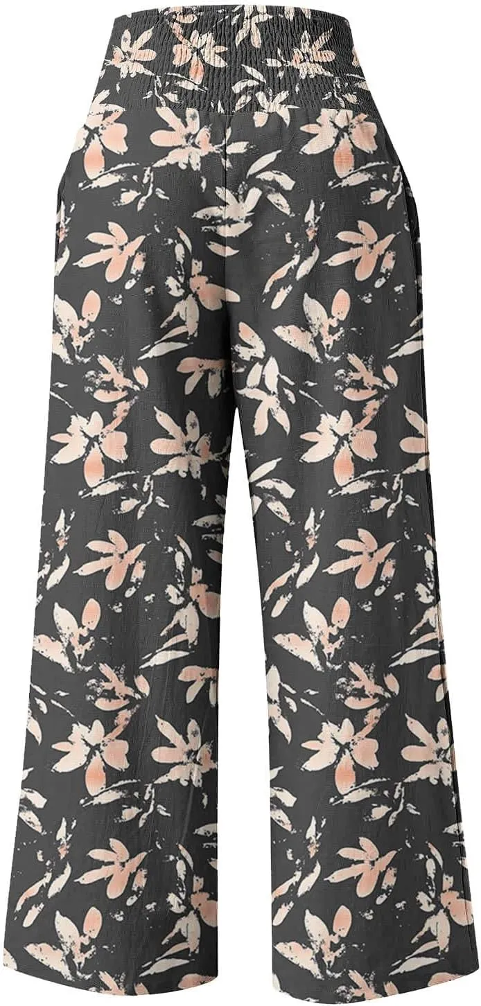 Palazzo Cotton Linen Pants Women Novelty Graphic Elastic High Waist Straight Leg Trousers Summer Casual Beach Pant